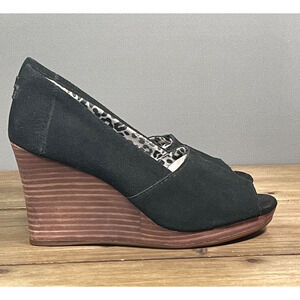 TOMS Women's Michelle Wedge Sandals Size 6 Black Canvas Slip On Peep Toe